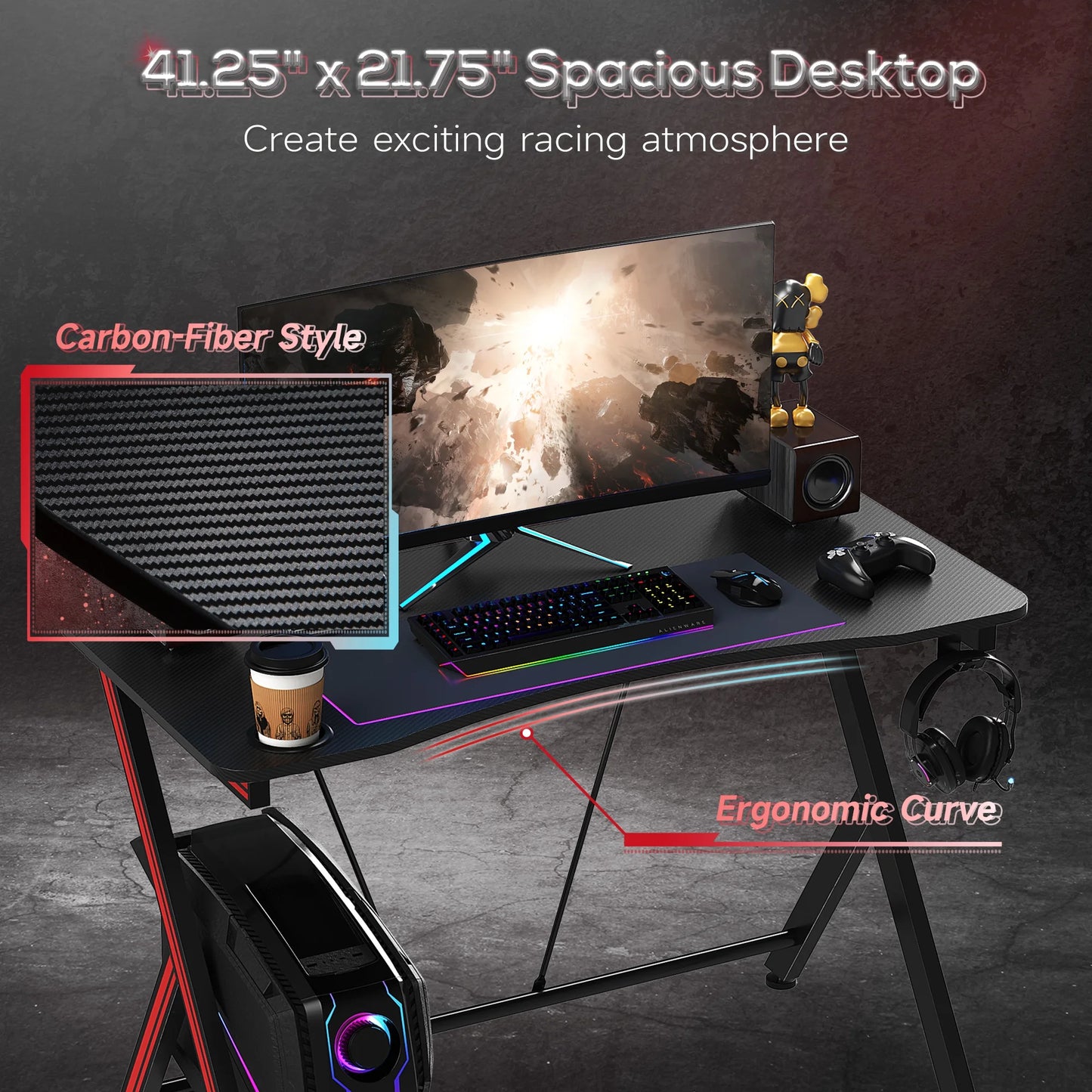 42 in Gaming Computer Desk Workstation with Headphone Hook, Large Desktop for Computer Hardware & Stable Design