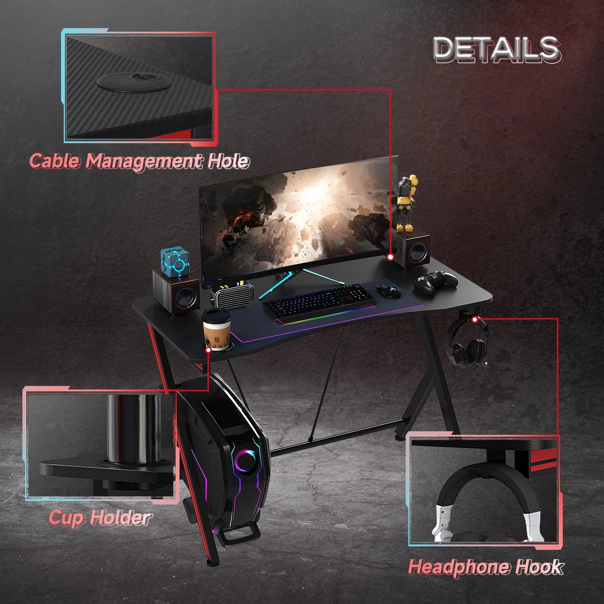 42 in Gaming Computer Desk Workstation with Headphone Hook, Large Desktop for Computer Hardware & Stable Design